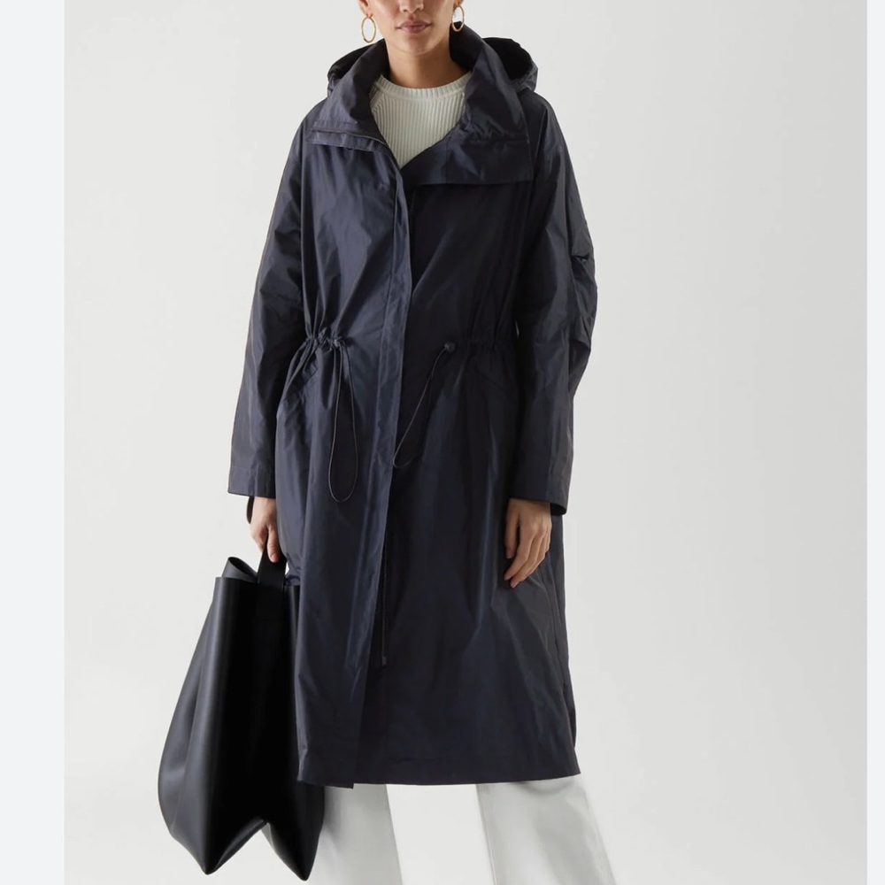 COS Lightweight Cinch Waist Parka Coat Navy Funnel Neck Longline Oversized-Small